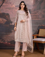 Pink Jacquard Chanderi Cotton Silk Kurta, Pant and Dupatta Set.