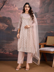 Pink Jacquard Chanderi Cotton Silk Kurta, Pant and Dupatta Set.