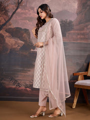 Pink Jacquard Chanderi Cotton Silk Kurta, Pant and Dupatta Set.