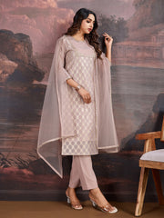 Pink Jacquard Chanderi Cotton Silk Kurta, Pant and Dupatta Set.