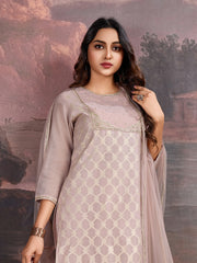 Pink Jacquard Chanderi Cotton Silk Kurta, Pant and Dupatta Set.