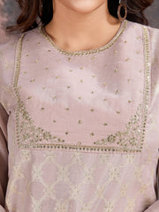 Pink Jacquard Chanderi Cotton Silk Kurta, Pant and Dupatta Set.