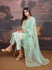 Jacquard Chanderi Cotton Silk Kurta, Pant and Dupatta Set.