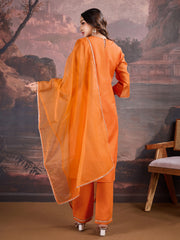 Orange Chanderi Cotton Silk Kurta, Pant and Organza Dupatta Set.