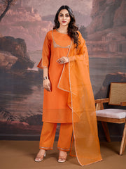 Orange Chanderi Cotton Silk Kurta, Pant and Organza Dupatta Set.