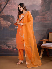 Orange Chanderi Cotton Silk Kurta, Pant and Organza Dupatta Set.