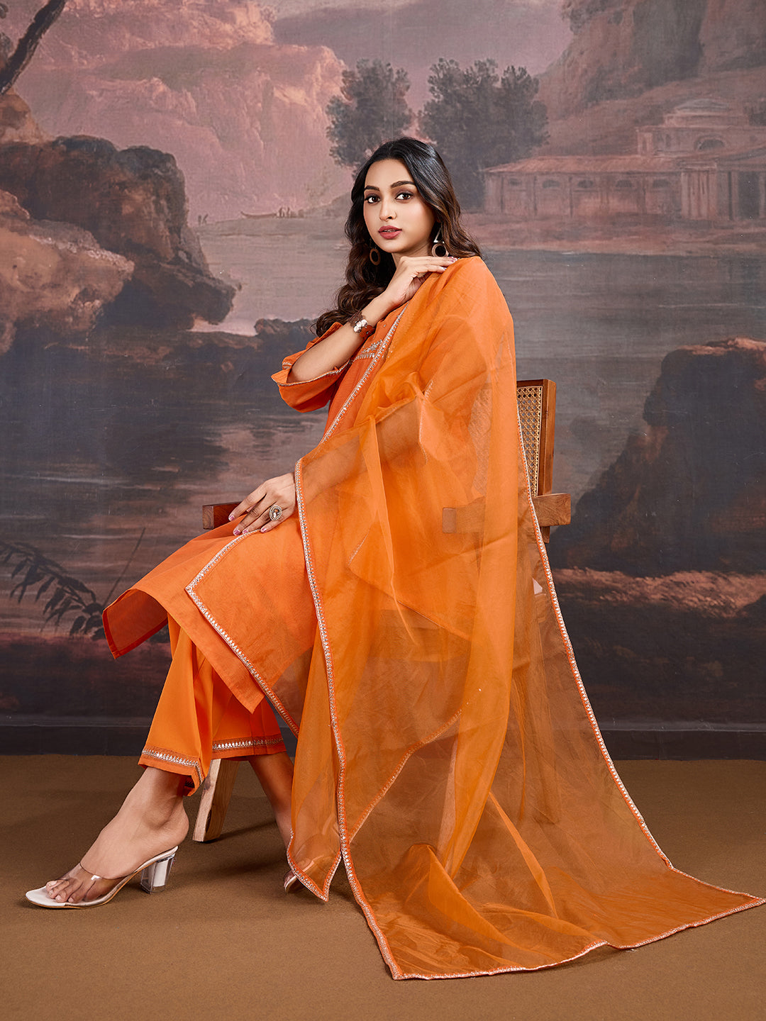 Orange Chanderi Cotton Silk Kurta, Pant and Organza Dupatta Set.