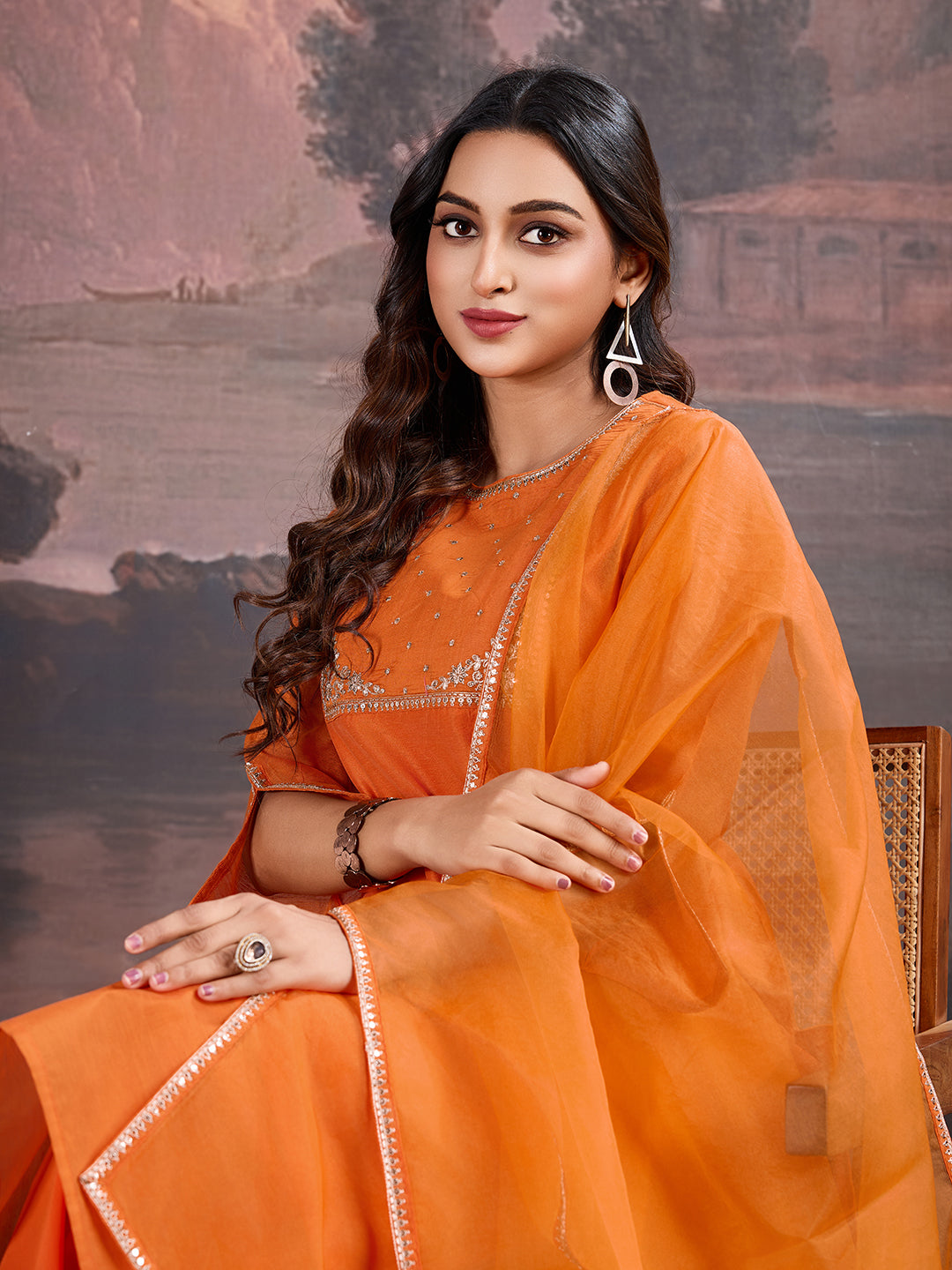 Orange Chanderi Cotton Silk Kurta, Pant and Organza Dupatta Set
