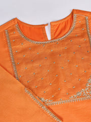 Orange Chanderi Cotton Silk Kurta, Pant and Organza Dupatta Set.