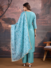 Silk Blend Kurta with Pants & Organza Dupatta