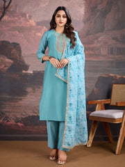 Silk Blend Kurta with Pants & Organza Dupatta