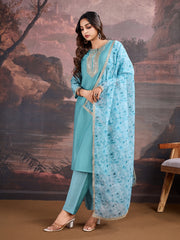 Silk Blend Kurta with Pants & Organza Dupatta