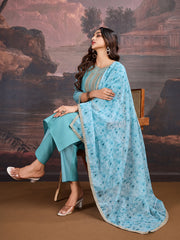 Silk Blend Kurta with Pants & Organza Dupatta