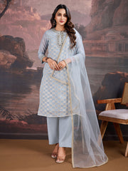 Grey Jacquard Chanderi Cotton Silk Kurta, Pant and Dupatta Set.