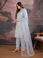 Grey Jacquard Chanderi Cotton Silk Kurta, Pant and Dupatta Set.