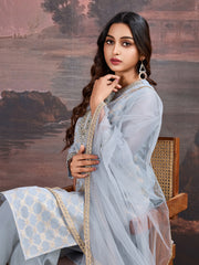 Grey Jacquard Chanderi Cotton Silk Kurta, Pant and Dupatta Set.