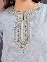 Grey Jacquard Chanderi Cotton Silk Kurta, Pant and Dupatta Set.