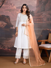 White Chanderi Cotton Silk Kurta with Pants & Dupatta