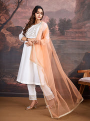 White Chanderi Cotton Silk Kurta with Pants & Dupatta