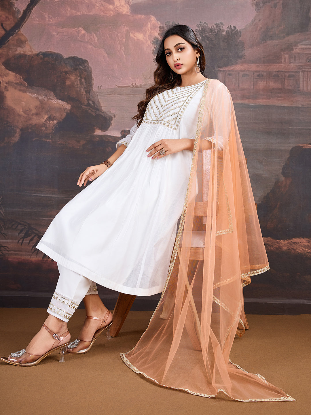 White Chanderi Cotton Silk Kurta with Pants & Dupatta