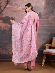 Pink Silk Blend Kurta with Pants & Organza Dupatta