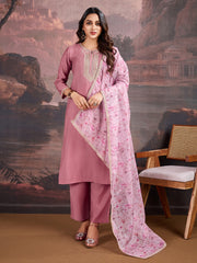 Pink Silk Blend Kurta with Pants & Organza Dupatta