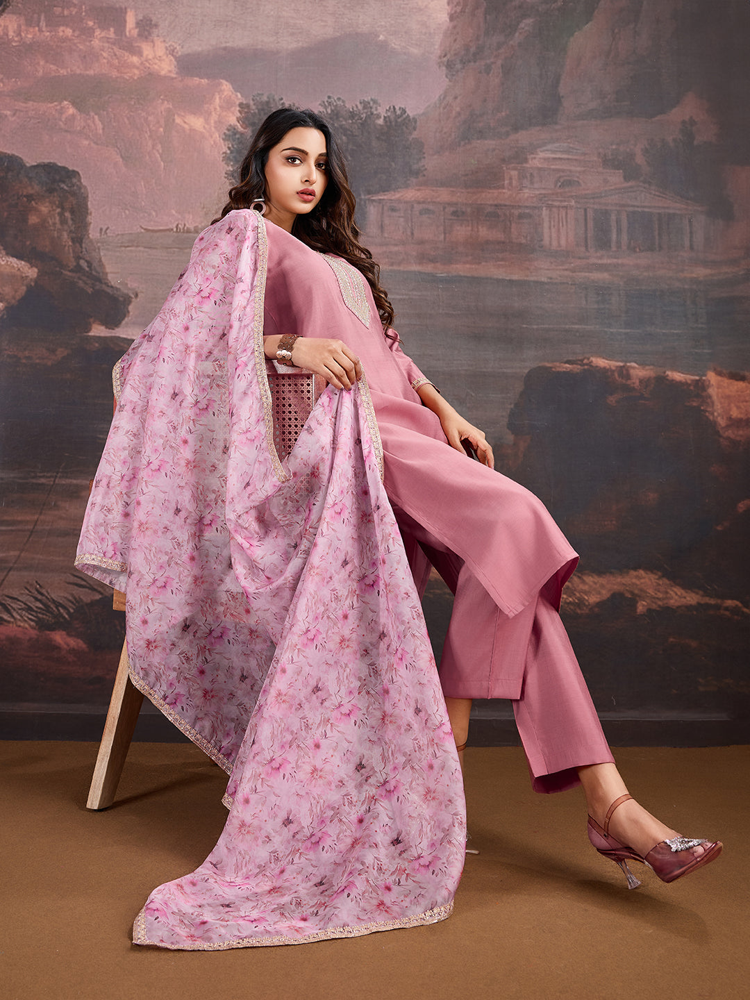 Pink Silk Blend Kurta with Pants & Organza Dupatta