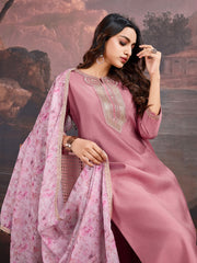 Pink Silk Blend Kurta with Pants & Organza Dupatta