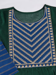 Blue & Green Chanderi Cotton Silk Kurta with Pants & Dupatta.