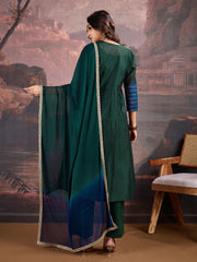 Blue & Green Chanderi Cotton Silk Kurta with Pants & Dupatta.