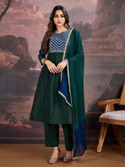 Blue & Green Chanderi Cotton Silk Kurta with Pants & Dupatta.