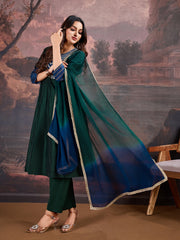 Blue & Green Chanderi Cotton Silk Kurta with Pants & Dupatta.