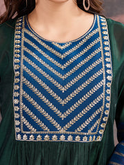 Blue & Green Chanderi Cotton Silk Kurta with Pants & Dupatta.