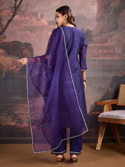 Purple Chanderi Cotton Silk Kurta, Pant and Organza Dupatta Set.