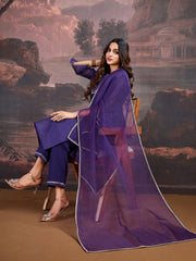 Purple Chanderi Cotton Silk Kurta, Pant and Organza Dupatta Set.