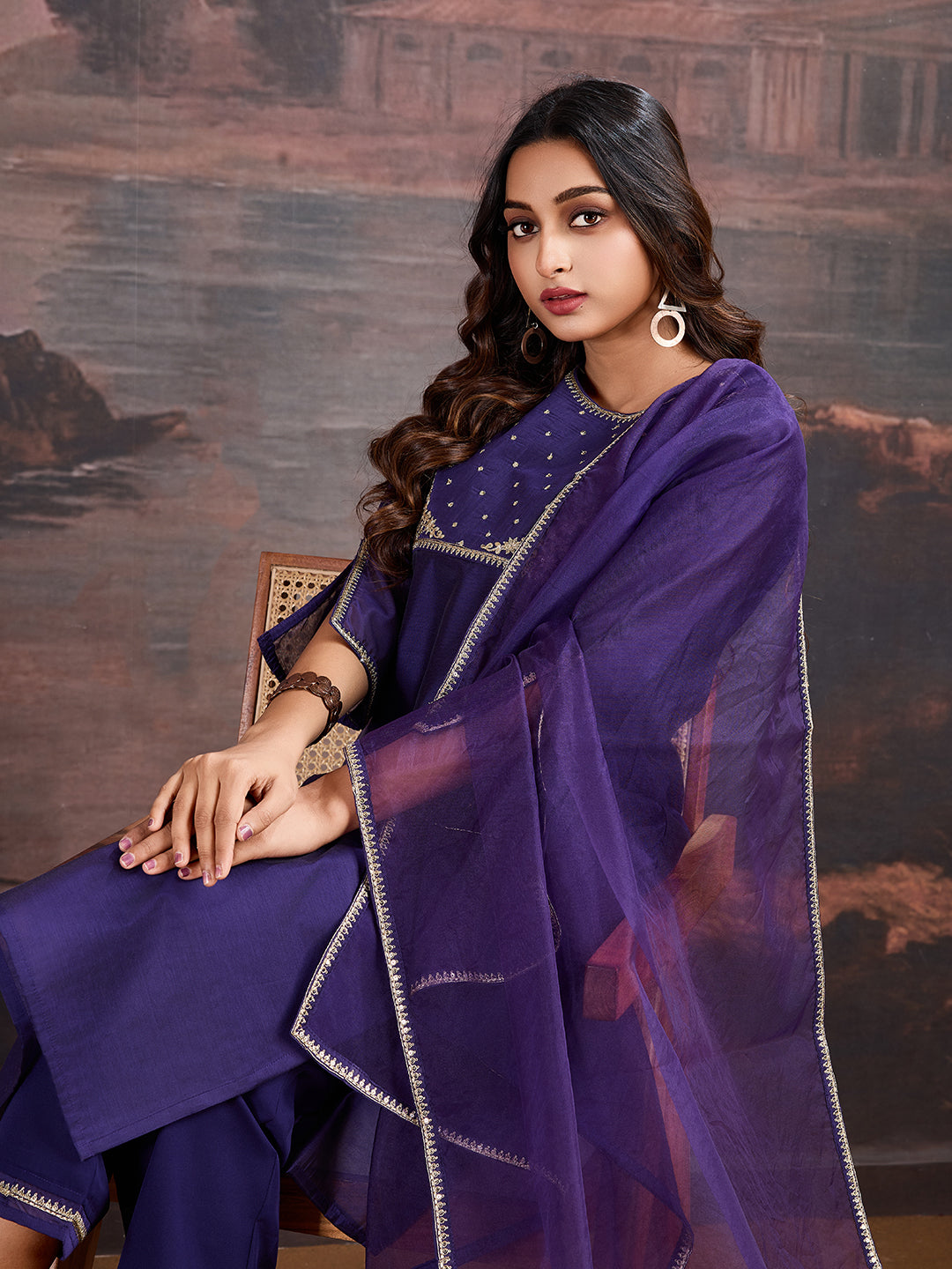 Purple Chanderi Cotton Silk Kurta, Pant and Organza Dupatta Set