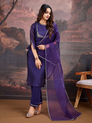 Purple Chanderi Cotton Silk Kurta, Pant and Organza Dupatta Set.