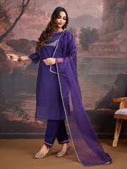 Purple Chanderi Cotton Silk Kurta, Pant and Organza Dupatta Set.