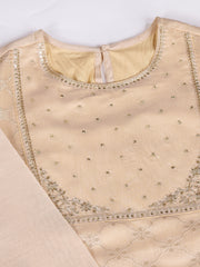 Cream Jacquard Chanderi Cotton Silk Kurta, Pant and Dupatta Set.