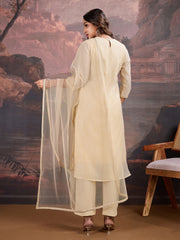 Cream Jacquard Chanderi Cotton Silk Kurta, Pant and Dupatta Set.