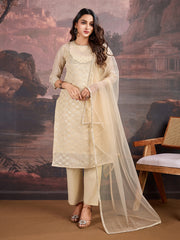 Cream Jacquard Chanderi Cotton Silk Kurta, Pant and Dupatta Set.