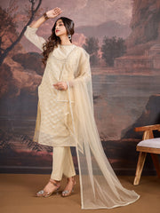 Cream Jacquard Chanderi Cotton Silk Kurta, Pant and Dupatta Set.