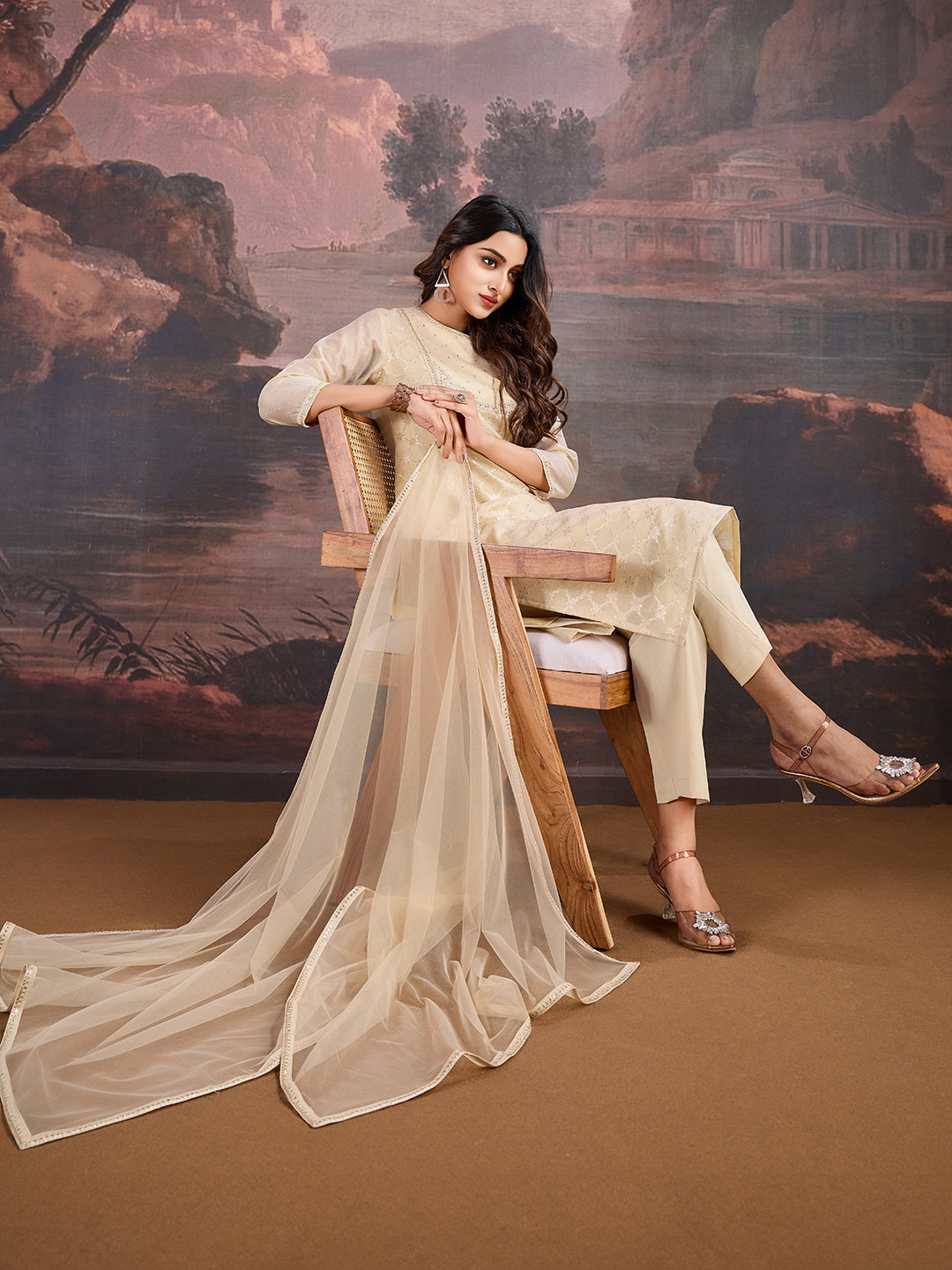 Cream Jacquard Chanderi Cotton Silk Kurta, Pant and Dupatta Set.