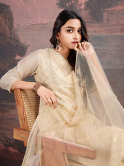 Cream Jacquard Chanderi Cotton Silk Kurta, Pant and Dupatta Set.