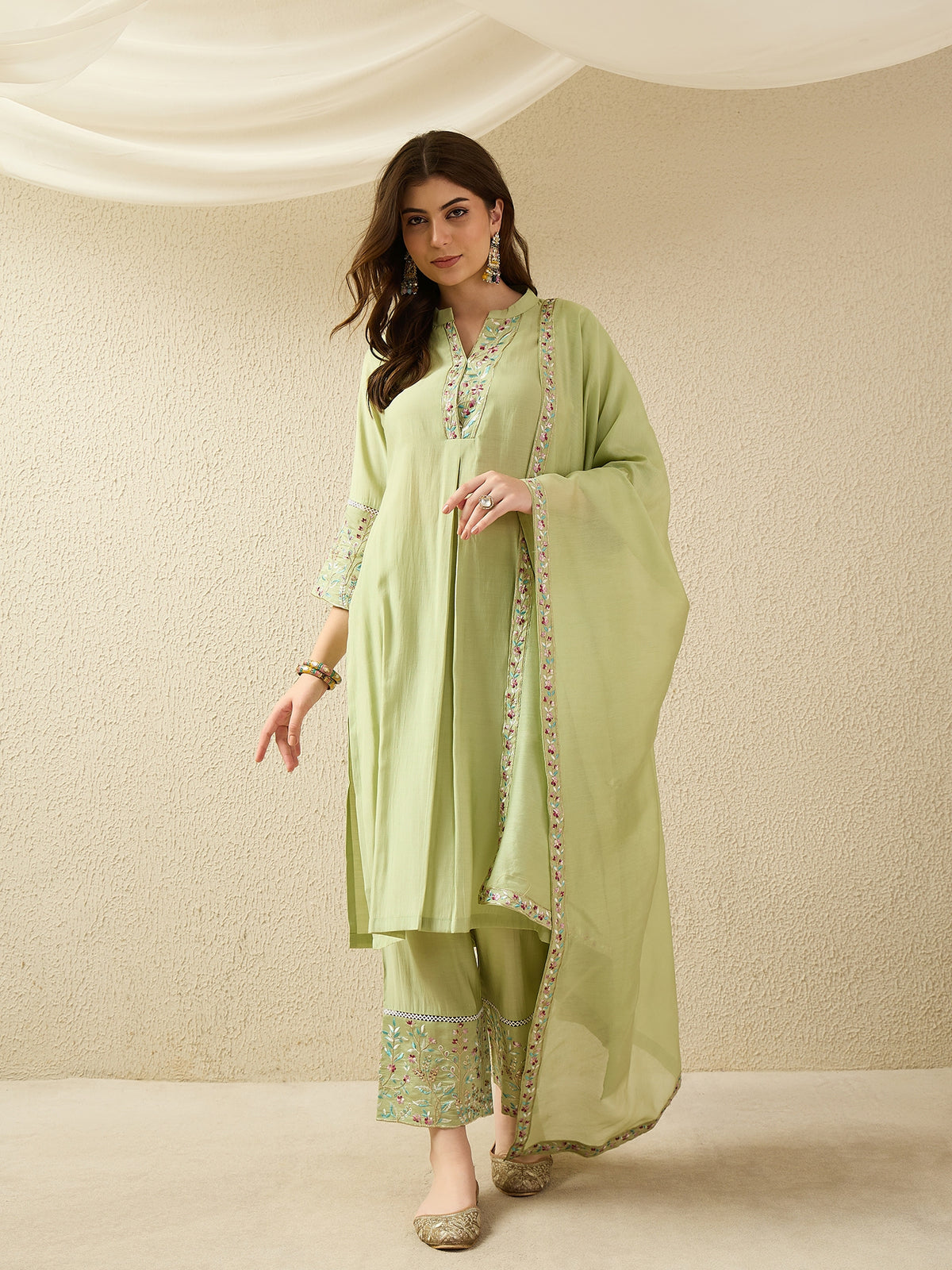 Pastel Green Embroidered Kurta Pant Set with Dupatta