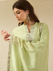 Pastel Green Embroidered Kurta Pant Set with Dupatta