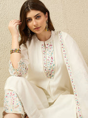 Off-White Embroidered Kurta Pant Set with Dupatta