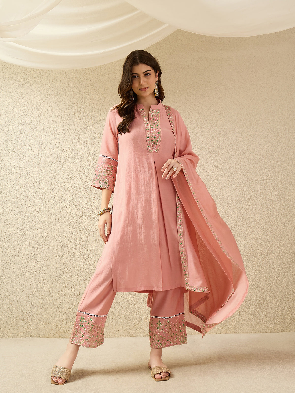 Peach Embroidered Kurta Pant Set with Dupatta