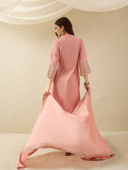 Peach Embroidered Kurta Pant Set with Dupatta