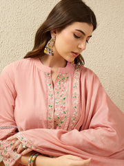 Peach Embroidered Kurta Pant Set with Dupatta